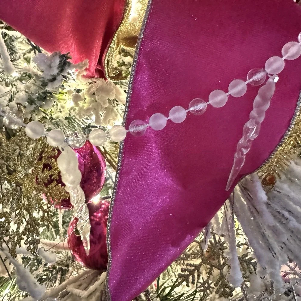 2 Vintage Beaded Icicle Garland Strands 7' Christmas Trim Frosted Clear Plastic